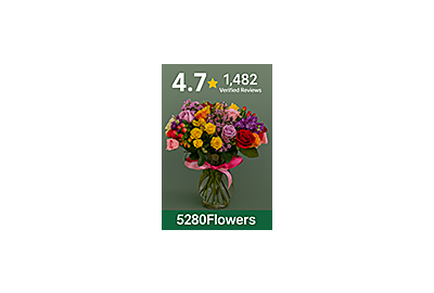 “A vibrant mixed bouquet of roses, lisianthus, and seasonal flowers with a 5-star rating overlay — symbolizing 5280Flowers’ 4.7-star rating from 1,482 verified reviews.