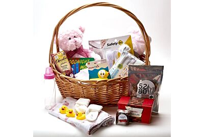 Baby girl gift basket with pink teddy bear, newborn essentials and sweets – Denver local delivery