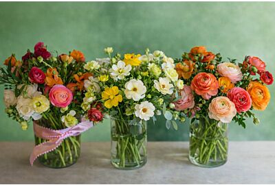 Mixed ranunculus arrangement featuring Clooney, butterfly and classic ranunculus in soft pink, red, orange and white tones by 5280Flowers Denver
