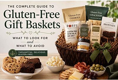 The Complete Guide to Gluten-Free Gift Baskets with a gourmet gluten-free gift basket featuring cookies, brownies, crackers, popcorn, olives, cheese, and specialty snacks.