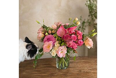 Mixed arrangement with Dahlia's inspected by Ivy