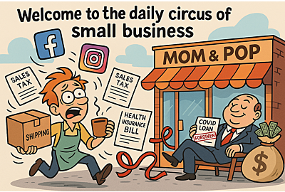 Cartoon of a small mom-and-pop shop owner juggling social media icons, tax papers, shipping boxes, and health insurance bills while drowning in red tape.