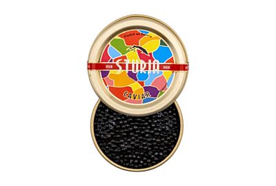Open tin of Sturia French caviar with its colorful lid, delivered cold in Metro Denver