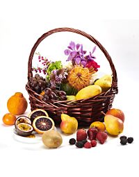 Denver fresh fruit and flowers gift basket with seasonal fruit and market-style floral arrangement