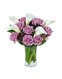 Calla and lavender rose arrangement