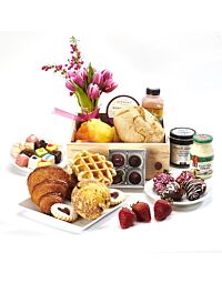5280flowers and 5280gourmet present Breakfast Fruits , flowers and pastries, Jam, Honey, one dozen Baby Cakes and a Market arrangement . Local Jam, Honey and pastries together with delectable seasonal fruits and berries and some chocolate covered Strawber