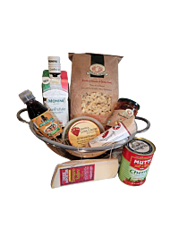 The Italian Pasta basket will contain Italian pasta , Olive oil, Pesto and Pasta sauce,Parmesan cheese, Olivo Oil, Balsamic Vinegar, Italian canned tomatoes in a Colander