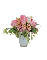 large springtime pink arrangement with pink local hyacinth and tulips hyacint