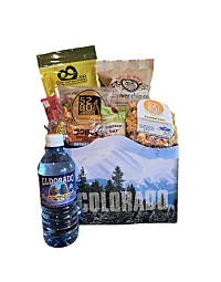 Welcome to Colorado & Denver Gift Box with Colorado snacks, chocolate, popcorn, pretzels, chips and spring water