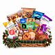 Extra large gluten-free Christmas snack and graze gift basket with green plaid ribbon, pinecones and gold ornaments