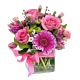 Pink Market Style Flower arrangement in a glass cube, perfect for baby girl