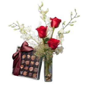 Romantic Rose and Orchid Budvase with 12 pack of Chocolate Truffles