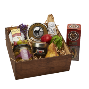 Colorado Farmhouse artisan Cheese with Truffle Salami crate with accompaniments.