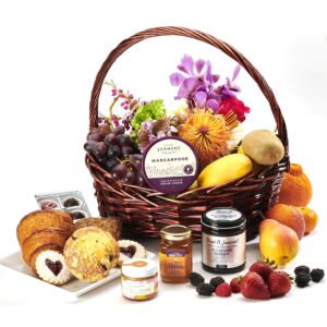 Breakfast Fruits , flowers and pastries Jam and Honey and a Market arrangement