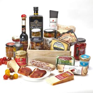 Antipasto Basket with European and Coloradan Products, Local Salami, giardiniera and a nice EV olive oil and a high end aged balsamic vinegar