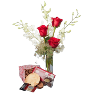 Valentine Romantic Rose and Orchid Budvase with Chocolate care package