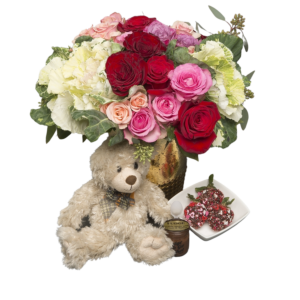 Valentine Large Rose Pave ,Chocolate covered Strawberries and a Bear.