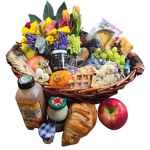 Sweet Easter Brunch Gift Basket with Spring Flowers & Gourmet Treats