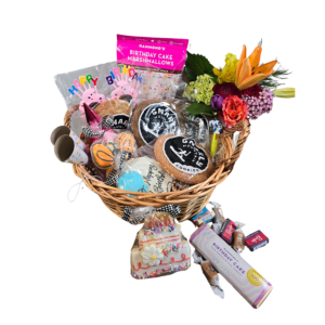 Birthday Bliss Basket with cookies, chocolates, and festive items