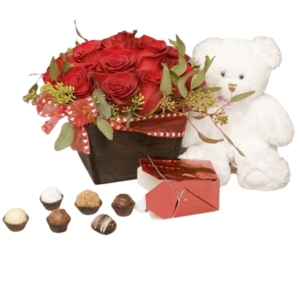 Valentine Rose Box with Bear and Chocolate Truffles