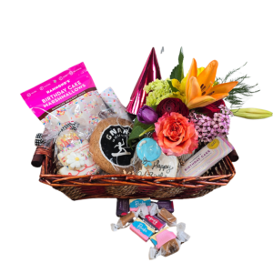 Petite Birthday Delight Basket with cookies, chocolates, and festive items