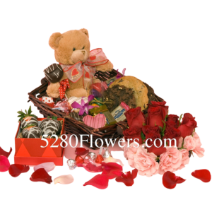 Valentine Rose heart, with Chocolate Basket and a Bear