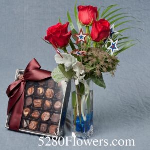Patriotic Rose and Orchid Budvase with 1 LB Colorado Chocolate