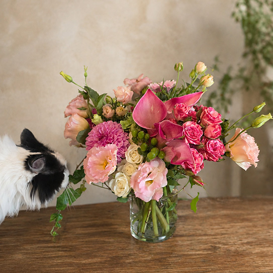 Quality Control Officer Ivy inspecting a mixed pink flower arrangement featuring a seasonal dahlia